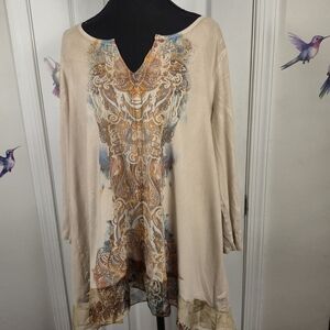 OneWorld Boho Paisley Print Layered V-Neck Tunic Top L